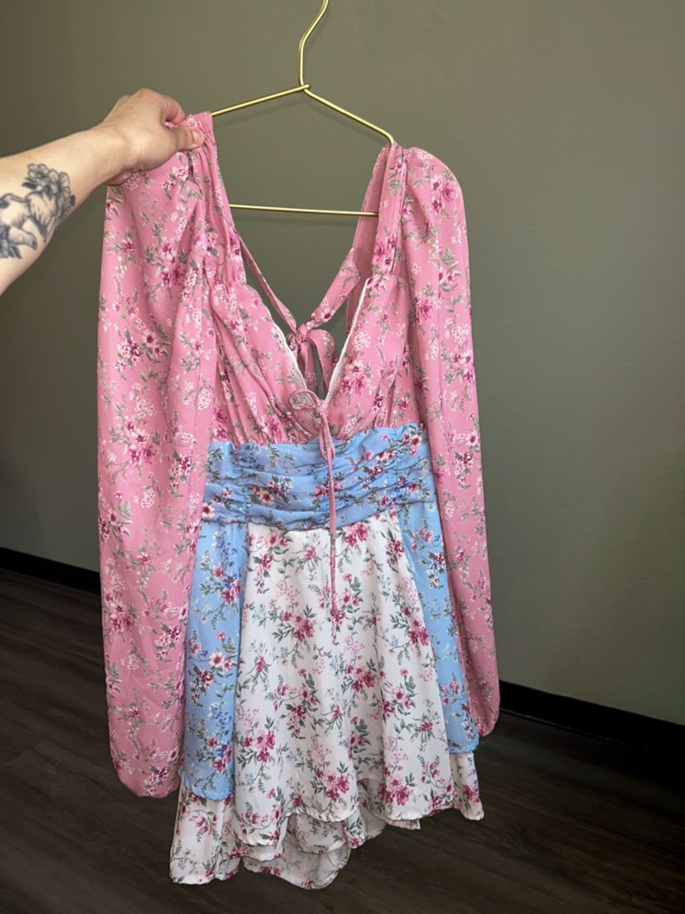 Altar'd State Pink Floral Romper with Blue & White Panels